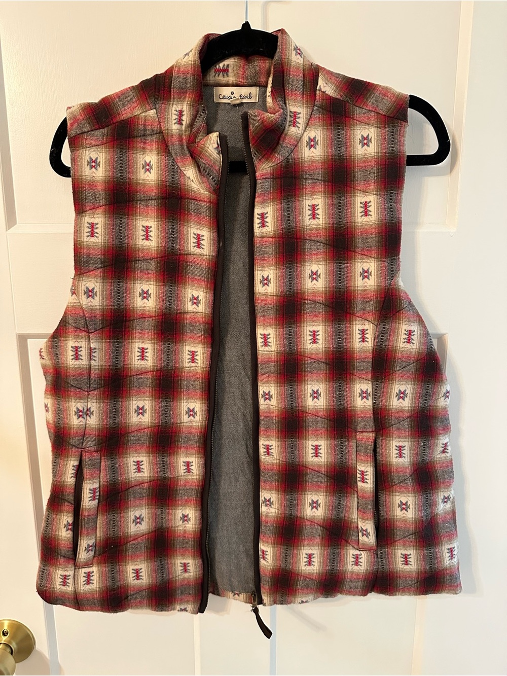 Western vintage Plaid Zip-Front Vest in Red & Cream